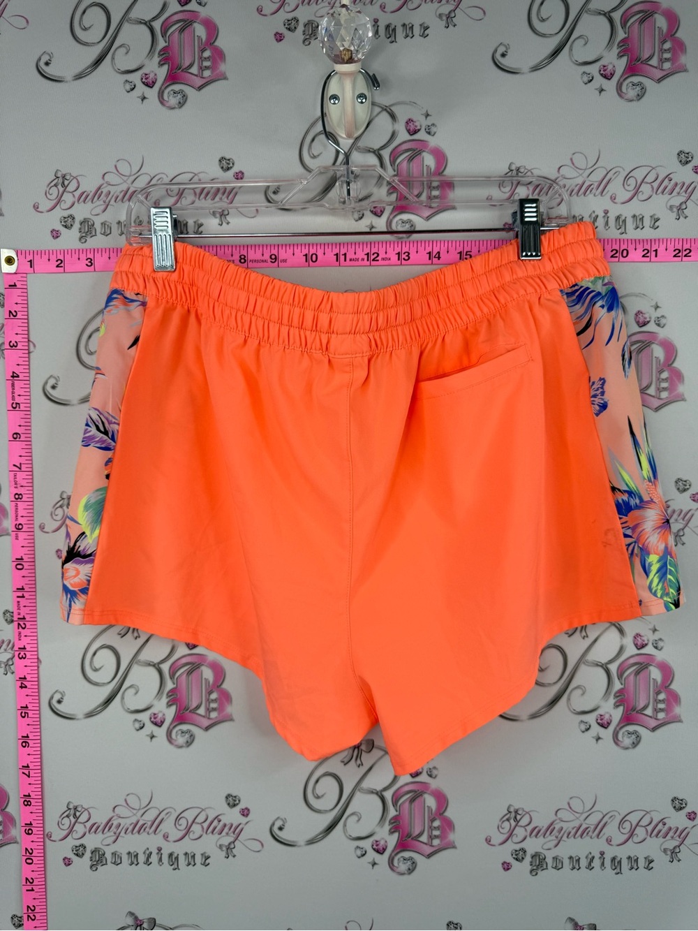 George shorts bright Neon Coral Athletic Shorts with Floral Side Panels - Picture 2 of 8